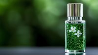 Glass bottle with green liquid and floating white flowers on blurred natural background. Luxury cosmetic packaging for spa, beauty, and wellness products.