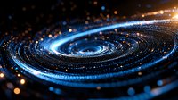 Glowing blue spiral galaxy with luminous particles against dark background, creating cosmic space atmosphere for astronomy presentations.
