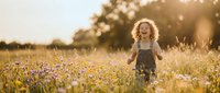 Young blonde girl in overalls walking through wildflower meadow at golden hour sunset with warm sunlight and bokeh effects creating dreamy outdoor scene.
