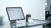 Modern tablet computer displaying business dashboard on glass desk with small succulent plant in minimalist office workspace for productivity and technology concepts.