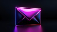 Glowing neon mail envelope icon with purple and blue light effects on dark background, modern digital communication symbol for business and technology.