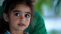 Young South Asian girl with expressive brown eyes and gentle smile looking up with wonder against blurred green background, capturing childhood innocence and curiosity.