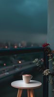 Coffee cup with latte art on round table at balcony, evening city lights bokeh background, red flowers and moody teal atmosphere, cozy urban lifestyle scene.