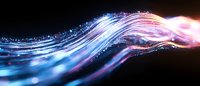 Glowing neon waves with pink and blue light trails creating dynamic motion effect against dark background, abstract energy flow with sparkles and bokeh elements.