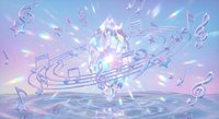 Glowing crystal with swirling musical notes, stars, and treble clefs in pastel pink and blue tones, creating a magical, dreamy music concept.