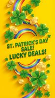 St. Patrick's Day sale banner with green shamrocks, gold coins and rainbow on yellow background for Irish holiday marketing and promotional campaigns.