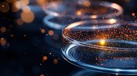 Glowing particles and light trails create magical atmosphere in dark space with bokeh effect and neon blue spiral streaks against black background.