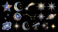 Celestial astronomy icons with stars, moons, planets, and constellations isolated on transparent background. Ready for clipart, t-shirt design, stickers, sublimation, and print-on-demand projects.