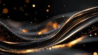 Abstract black and gold wave design with glowing light trails, sparkles and bokeh effects on dark background, modern luxury style composition.