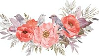 Watercolor composition of coral peonies and small birds perched among soft green foliage, creating a romantic floral arrangement for wedding invitations.