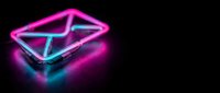Neon glowing email envelope icon with vibrant pink and blue lighting effects on dark background for digital marketing and communication concepts.