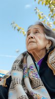 Senior Asian woman with gray hair gazing upward at autumn foliage against clear blue sky, wearing patterned cardigan and colorful scarf, outdoor portrait for wellness and lifestyle content.