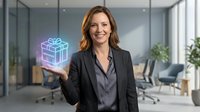 Woman with reddish-brown hair, Caucasian ethnicity, wearing dark blazer and gray shirt, holding glowing neon gift box in modern office environment with glass partitions and plants.