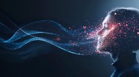 Glowing particles form female profile silhouette with flowing digital wave effect against dark background, representing artificial intelligence and consciousness.