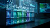Modern laboratory test tubes with colorful chemical solutions in high-tech research facility with digital screens and data analysis displays.