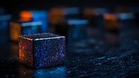 Glowing cube with orange and blue sparkles on dark textured surface creates mysterious atmosphere. Magical light effects and reflections add depth and intrigue.