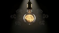Glowing brain inside vintage light bulb with gear mechanisms floating around, representing innovation, creativity and intelligent thinking concepts.