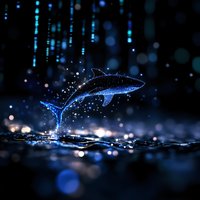 Glowing blue dolphin leaping through dark water with magical sparkles and bokeh lights creating ethereal underwater atmosphere. For fantasy art and marine designs.