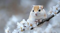 Adorable gerbil sitting on blooming cherry branch with white spring flowers against soft blurred background, close up portrait of small rodent pet in nature.