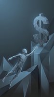 Low poly wireframe male figure reaching for a glowing dollar sign on geometric cliffs, symbolizing financial ambition and wealth pursuit.