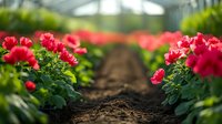 Vibrant red geranium flowers blooming in greenhouse rows with soil pathway. Commercial flower cultivation for gardening and landscaping projects.