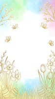 Spring watercolor background with golden line art flowers, butterflies and Easter eggs creating elegant frame for greeting cards and invitations.