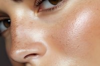 Close-up macro shot of mixed race female face focusing on nose and eyes area showing natural skin texture, freckles and minimal makeup for beauty and skincare concept.