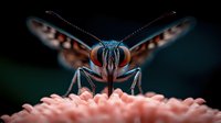 Extreme macro shot of butterfly proboscis and head with compound eyes, resting on pink flower. Dark background creates dramatic nature photography effect.