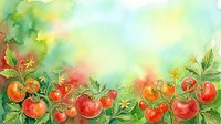 Watercolor illustration of ripe tomatoes with green foliage and leaves on soft pastel background, suitable for culinary, gardening, and food-related design projects.