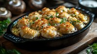 Baked stuffed mushrooms with crispy breadcrumb topping and herbs served in cast iron skillet. Golden brown appetizers garnished with fresh parsley for restaurant menu.