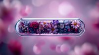 Delicate purple and pink flowers preserved in glass tube with soft bokeh background, creating dreamy romantic mood for wellness and spa designs.