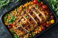 Grilled chicken breast sliced and served with roasted cherry tomatoes and chickpeas on dark plate, garnished with fresh herbs and seasonings.