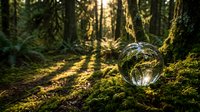 Crystal sphere resting on moss-covered log in enchanted forest with golden sunlight streaming through trees creating magical atmosphere for fantasy concepts.