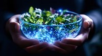 Magical glowing blue bowl with fresh green salad held in hands against dark background, sparkling with ethereal light and cosmic energy for healthy eating concept.