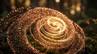 Golden spiral galaxy formation with sparkling particles and warm bokeh lights creating cosmic energy flow for luxury design and celestial themed projects.