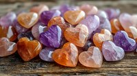 Small heart-shaped gemstones in purple, orange and pink hues scattered on rustic wooden surface, creating romantic crystal healing arrangement for wellness decor.