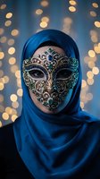 Woman in blue hijab wearing ornate Venetian carnival mask with jewels and gold details against bokeh lights background for masquerade party celebration.