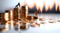 Oil pump jacks on stacks of gold coins with blurred fire background, symbolizing energy market profits and petroleum industry financial growth concept.