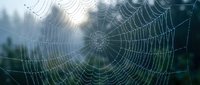 Spider web covered in morning dew drops with soft blurred natural background. Intricate cobweb pattern with water droplets creating delicate texture for nature themes.