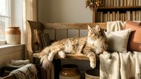 Fluffy orange tabby cat relaxing on cozy living room sofa with warm autumn sunlight streaming through window creating peaceful domestic atmosphere.