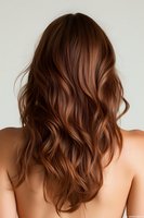 Back view of wavy brown hair with copper highlights showing modern layered cut and natural movement. Professional salon styling demonstrates healthy shine and texture.