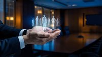 Businessman hands holding holographic team figures in modern office representing human resources management and leadership concepts.