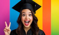 Excited young Asian female graduate in cap and gown showing peace sign against vibrant rainbow colored background, expressing joy and achievement.