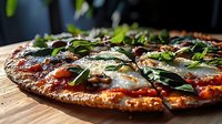 Freshly baked artisan pizza with melted mozzarella, fresh basil leaves, olives and tomato sauce on rustic wooden board. Homemade Italian cuisine ready to serve.