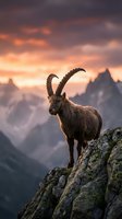 Majestic alpine ibex standing on rocky cliff edge during golden hour sunset with dramatic mountain peaks and colorful sky in background for nature photography.