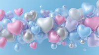 Colorful heart-shaped balloons in pastel pink, blue, purple, and silver floating against light blue background, creating festive romantic atmosphere.