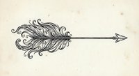 Ornate decorative arrow with flowing feather fletching in vintage boho style on textured beige background for tattoo designs and artistic projects.