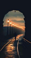 Silhouette of person walking along illuminated railway platform at sunset, viewed through stone arch. Glowing vintage lampposts create leading lines against dramatic orange sky.