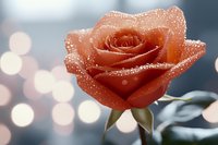 Delicate coral rose with water droplets against soft bokeh background, petals covered in morning dew creating sparkly effect, romantic floral macro photography.