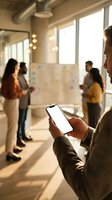 Professional businessman using smartphone with blank white screen in modern office during team meeting and brainstorming session with colleagues.